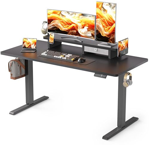 WALKINGDESK Höhenverstellbarer Schreibtisch Elektrisch mit Schubladen, 140 x 60 cm Stehpult mit Monitorständer und Handyhalter, Tisch Höhenverstellbar für Home Office Büro, 3 Haken, Schwarz