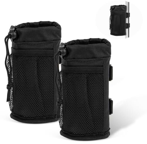 PSLER 2Pack Cup Holder for Bike, Scooter, Wheelchair, UTV/ATV, Walker, Golf Cart and Beach, Universal Drink Holder with Net Pocket and Cord Lock for 8-24oz Bottles(Black)