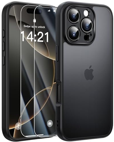 FLLAO Opaca Cover Compatibile con iphone 16 Pro 6.3 con 2 Vetro Temperato, [Della Fotocamera Protezione] Antiurto Hard PC Glassata Traslucida Custodia Compatibile con iphone 16 Pro 6.3 Nero