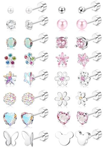 YADOCA 16Paar Ohrringe Mädchen Kinder Hypoallergene Chirurgenstahl Medizinische Ohrstecker Schraubverschluss Ohrring Herz Perle Blume Schmetterling Ohrringe Set