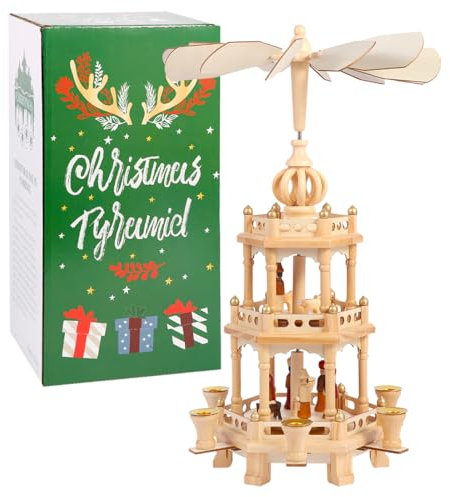 YeloZen Christmas Pyramids with 6 Candler Holders-18 Inches-3 Tiers Carousel-Wood Nativity Scene Set