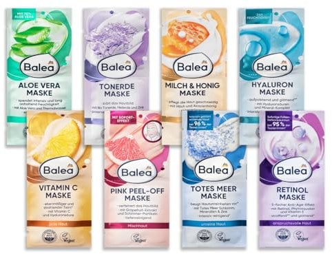 Balea Masken Set mit 32 Masken, 2x8 verschiedene Gesichtsmasken: Hyaluron, Vitamin C, Tonerde, Milch & Honig, Aloe Vera, Retinol, Pink Berry Cream, Totes Meer (16x16 ml), 256 ml