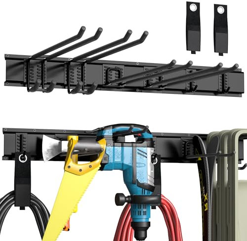 Anvuda Garage Aufbewahrung,Verstellbar Garagen Gerätehalter Metall Wandhaken mit 2 Schienen 6 Haken Werkzeugregal Wand Werkzeughalter für Garagen Keller Werkstatt Besen Rechen Werkzeug Organizer