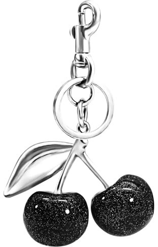 Kabwea Cherry Keychain Bag Charm Silver Leaf, Cute Black Cherry Keychain, Durable Metal & Resin Material, Unique Bag Accessory Gift