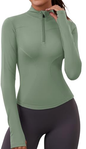 iWoo Women's Running Top Long Sleeve Workout Gym Top 1/4 Zip up Running Jacket with Thumb Holes Sports Top for Hiking Cycling Grey Green XS