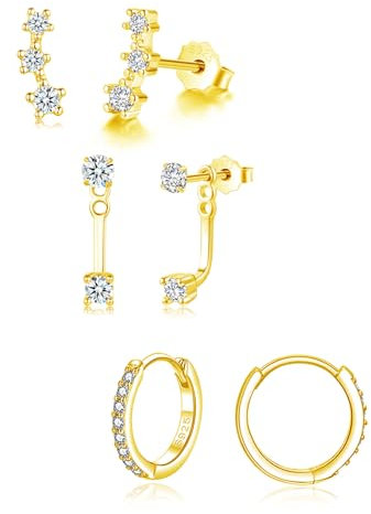 Loutade 3 Pairs 925 Sterling Silver Stud Hoop Earrings Set for Women Girls, Hypoallergenic Small Cartilage Sleeper Gold Earrings Set for Multiple Piercings, Dainty Climbers Studs Ear Hoops Stacks