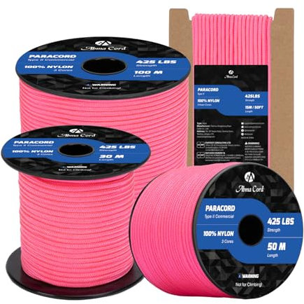 Abma Cord Paracord 3mm 15M 100% Nylon Seil Paracord 425 Typ II Schnur mit 3 Kern für Basteln, Camping, Survival - Max. 192kg (425lbs) - Neon Pink