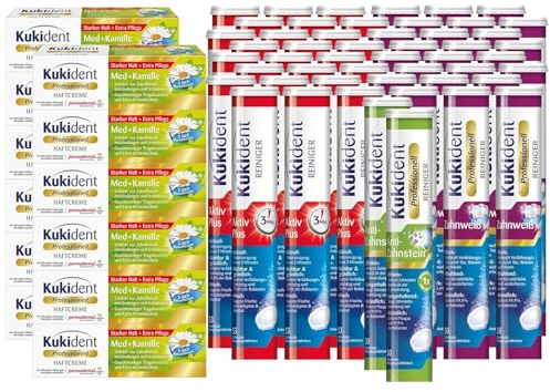 Kukident Set: Anti-Zahnstein 2x30, Zahnweiß 24x30, Aktiv Plus 24x33 Tabs, Haftcreme Med + Kamille 12x40g – Prothesenpflege XL mit Reinigung, Frische & sanftem Halt durch Kamille
