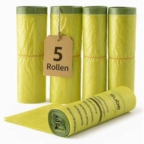 5 Rollen Gelber Sack, Gelbe Säcke mit praktischem Zugband, 90 Liter, 15µ - Wertstoffsack 65 Säcke perforiert auf 5 Rollen