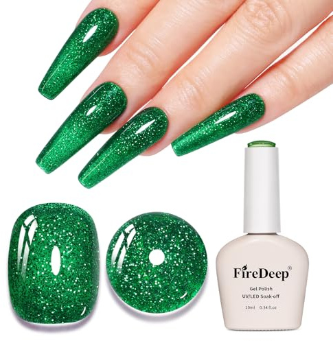 Firedeep 10ml Hema Free Glitter Gel Nail Polish Soak Off Long Lasting Green Gel Polish Salon DIY at Home Gift for Women 1Pcs