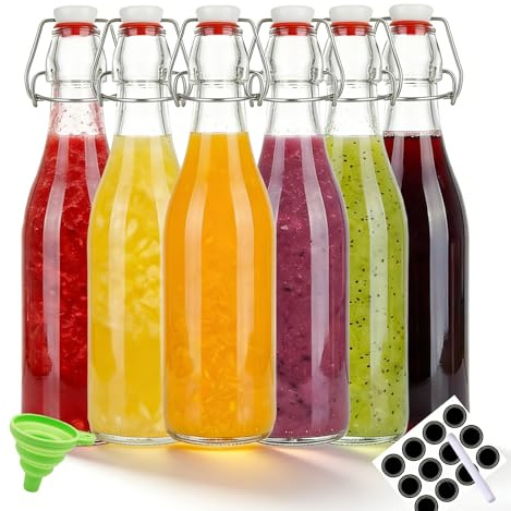 Glass Bottles with Stoppers, 6x500ml Glass Water Drinking Bottle with Lids | Reusable Leakproof Preserve Glass Bottles for Home Brewing Vinegar Wine, Sauce Jar, Hot & Cold Drinks,With Labels,Funnel