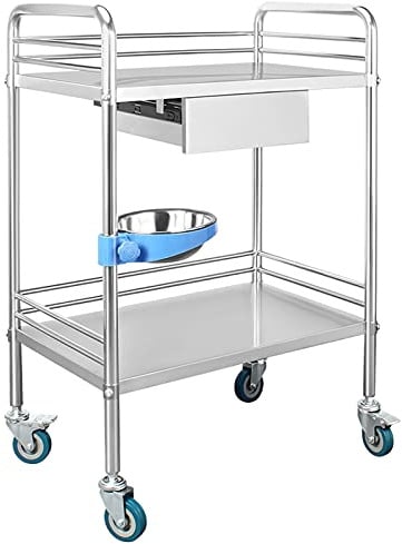 Servierwagen aus Edelstahl, 2 Etagen, Rollwagen mit Schublade, abnehmbarer Aufbewahrungswagen mit feststellbaren Rädern, perfekt für Zuhause und Catering (A69 x 46 x 91 cm)