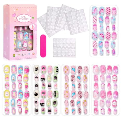 120 Pièces Faux Ongles pour Enfants, Ensemble Complet D’ongles Courts en Acrylique, pour Adolescentes Femme