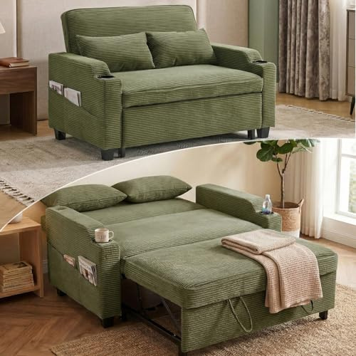 Karl home 2 Seater Sofa Bed, Convertible Pull Out Sleeper Couch (Green) | with Adjustable Backrest, USB & Type-C Ports, Cup Holders, Side Pockets, Metal Frame, Corduroy for Living Room, Guest Room