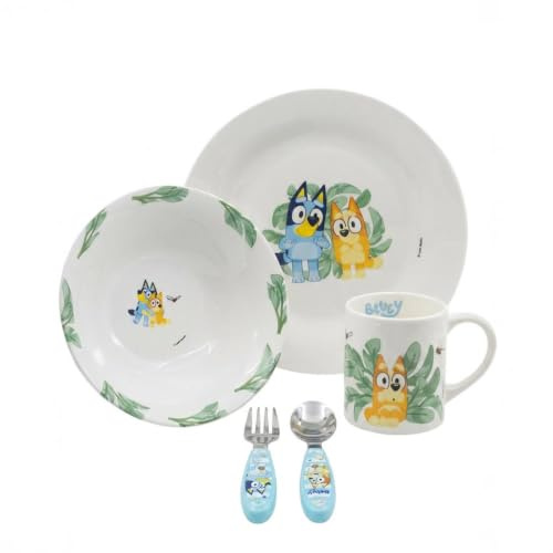 Sorrisini Set Stoviglie Bambini Bluey in Ceramica con Posate Inox - Piatto, Ciotola e Tazza, Servizio Tavola Completo per Bambini, Idea Regalo Bambino e Bambina, Dai 4 Anni