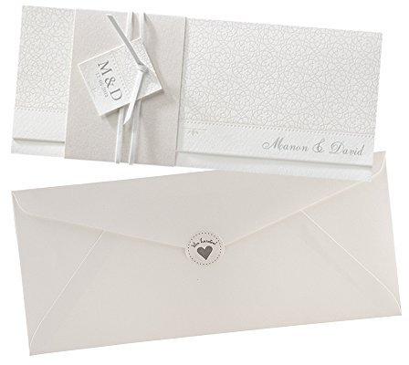 Weddix Klassische Einladungskarten July, 3 Stück, zur Hochzeit, Perlmutt mit schöner Banderole - blanko Hochzeitseinladung Umschlag Siegeletikett