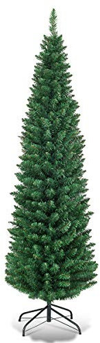COSTWAY Albero di Natale 150/180/210/240 cm, Albero di Natale Slim con 220/400/700/1000 Rami Folti e Realistici e Base in Metallo, Albero di Natale Artificiale per Casa e Negozio, Verde (180 cm)