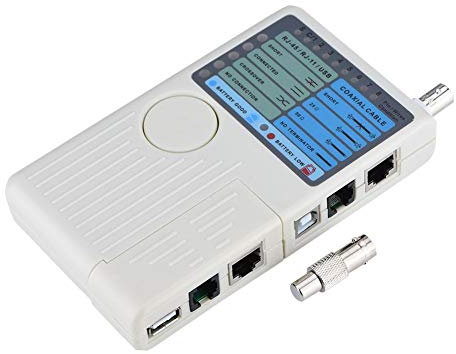 ASHATA Comprobador Cables(RJ-11, RJ-45, USB y BNC),Tester Cable de Red Herramienta Comprobadora Medidor Lineas Portátil con Luces LED,Prueba de un Botón,Escaneo Automático