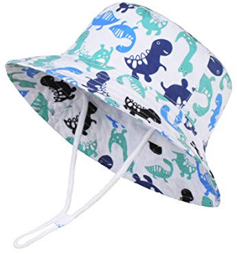LANGZHEN Sonnenschutz Hut für Kinder Kleinkind Jungen Mädchen Wide Brim Sommer Spiel Hut Baby Eimer Hut mit Kinnriemen (Mehrfarbige Dinosaurier, XL: 4T-8T (54cm /21.3))