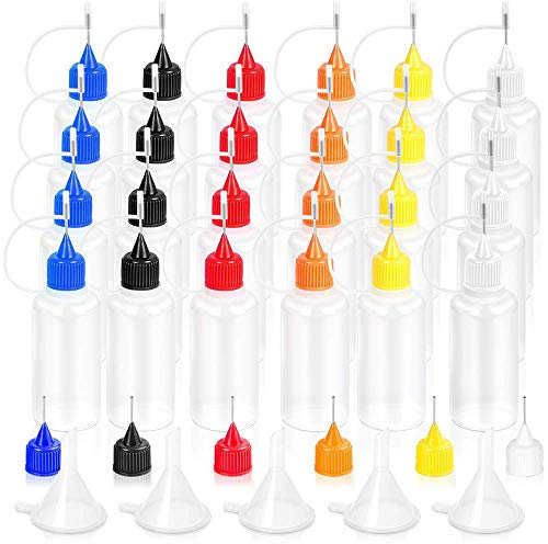 Precision Tip Applicator Bottles 30ml for DIY Quilling Craft Painting, Needle Oiler Bottle, Alcohol Ink Yupo Paper- 30pcs Colored Tips / 5 Pcs Mini Funnel