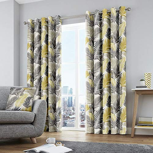 Fusion - Tropical - 100% Cotton Pair of Eyelet Curtains - 46 Width x 72 Drop (117 x 183cm) in Ochre