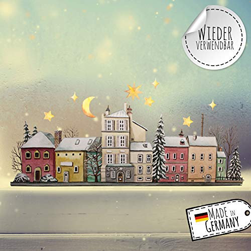 Fensterbild Weihnachtsdeko Winterstadt Stadt Sterne -wiederverwendbar- Fensterdeko Winter Fensterbilder Kinder Zimmer bf97 - ausgewählte Größe: *2. Winterstadt*