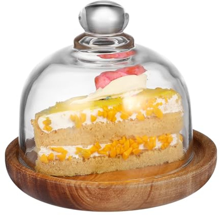 4.2 Inch Wooden Base Small Cake Display Stand with Glass Dome,Cloche Clear Glass Bell Jar Cover for Dessert Cheese Candy Plants Succulents