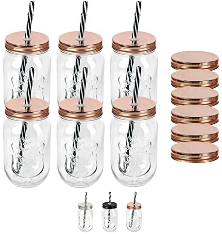 Schramm® 6 Stück Trinkgläser 500 ml mit Strohhalm wiederverwendbar Glas Gläser Einmachgläser mit 12 Deckeln wählbar in Silber, Bronze, schwarz und bunt Aufbewahrungsglas, Farbe:Bronze