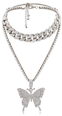 Gilieyer Halskette für Frauen, Hip Hop, goldfarben, Kristall, Halsreif, Kette mit Bling Strass, großer Schmetterling, Anhänger, Modeschmuck, für Mädchen, Metall, Strass
