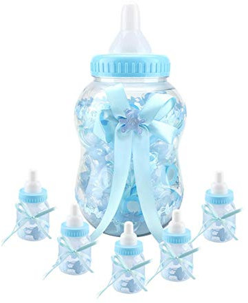 30 Pcs Bonbons Bouteilles Cadeau,Biberon Douche Faveur Bouteille de Bonbons Mini Bouteille de Bonbons En Plastique avec Ruban pour Cadeaux Anniversaire Décorations de Fête de Douche de Bébé(Bleu)