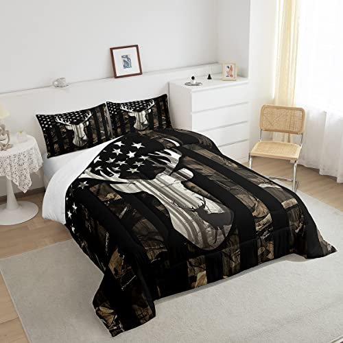 Camo Amerikanische Flagge Twin Tröster Set Jungen, Hirschgeweih Grau Camouflage Steppdecken-Set Flaggen für Zimmer Teenager, Wildtierjagd, rustikale Bauernhof, Zweige, Blätter, Pflanze, Sterne,