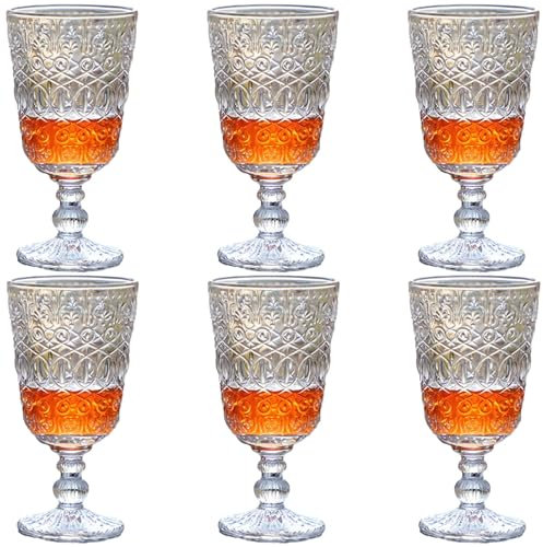 Taganov Clear Goblet Wine Glasses set of 6 Vintage Style Pressed Water Drinking Glass Goblet 10 Ounces for Holidays New Year Christmas Wedding Party