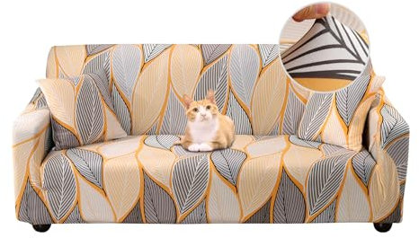 Jaotto Sofabezug 2 Sitzer Elastischer Stretch Spandex Sofa Überwürfe Sofahusse Antirutsch Waschbar Sofaschoner Couchbezug für Sofa mit Armlehne,Gelb Blätter