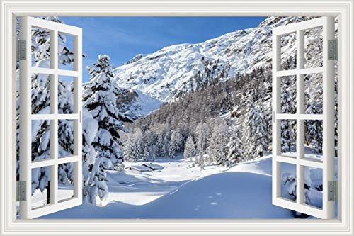 MUMUWUSG Vinyl 3D Wandaufkleber 90X60Cm Weiß Berge Schnee Bäume Fototapete Ausblick 3D Effekt Fenster Aussicht Wohnzimmer Schlafzimmer Tapete Wandtapete Uv-Beständig Hohe Auflösung