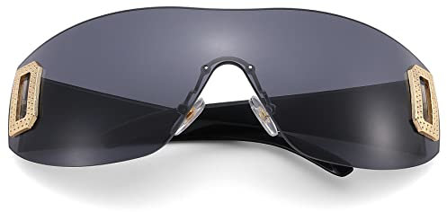 COASION Retro Rechteck Randlose Sonnenbrille für Damen Herren Y2K Wrap Around Shades Brillen (Schwarz)