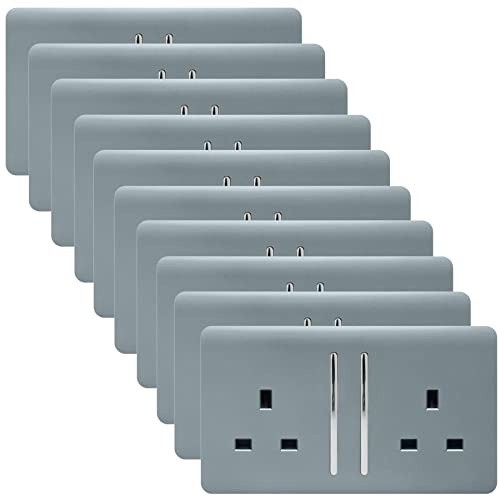 Trendi 2 Gang Artistic Modern Glossy 13 Amp Switched Plug Socket Cool Grey (10 Pack)