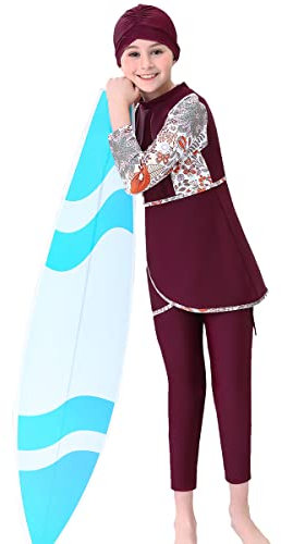 IMEKIS Mädchen Muslimische Bademode Blumendruck Bescheidene Badeanzug Islamische Burkini Schwimmanzug Langarm Badetop mit Hose Hijab 3tlg Kind Tankinis Set Weinrot 5-6 Jahre