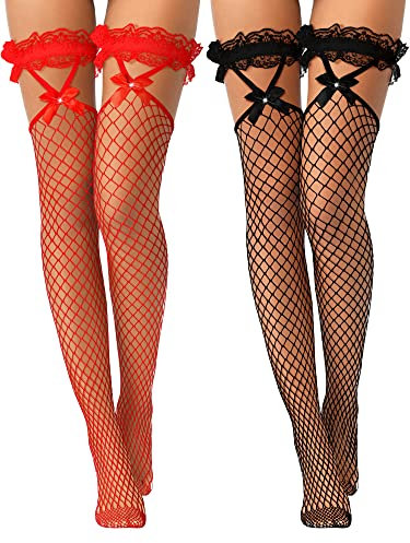 Geyoga 2 Pares Medias de Rejilla hasta el Muslo con Parte Superior de Encaje y Ligas Lazos para Mujer (Negro, Rojo)