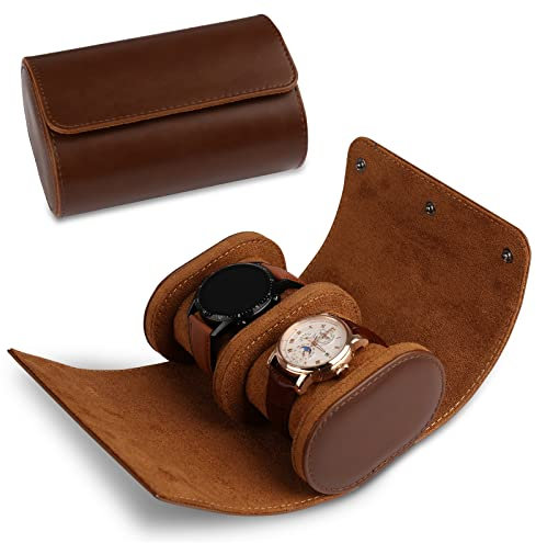 RoYiio Scatola per Orologio Cilindrico a 2 Slot, Pelle PU Organizzatore Custodia per Orologio da Viaggio Vintage per Uomini e Donne, Fodera in Velluto - Versione di Aggiornamento Marrone