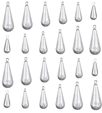 Fishing Birnenblei Set, CAASFOOY 30 Stücke Birnenblei mit Öse, Casting Sinker, Wassertropfen Angelgewichte, Angeln Drop Shot Gewichte, Bleie Gewichte Angelzubehör Set, 5/10/15/20/30/40 g