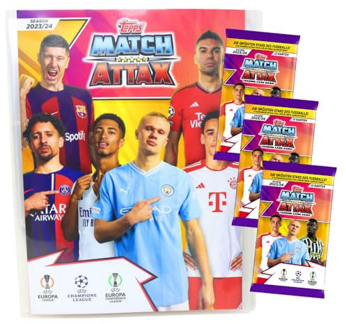 Topps Match Attax Karten Champions League 2023-2024 - Sammelkarten - Auswahl (1 Mappe + 3 Booster)