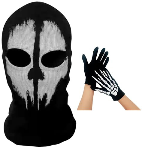 GWAWG COD Geistermaske, Totenkopf-Sturmhaube, MW2, Skelett-Kostüm, Vollkopf-Ski-Schlauchmaske, gestrickt, winddicht, wärmend, Kopfbedeckung mit Skelett-Handschuhen für Fahrrad, Skateboard, Motorrad,