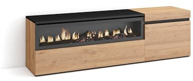 Skraut Home | Mueble TV | Televisión | Muebles de salón, almacenaje | 150x45x35cm | para TV hasta 65 | Chimenea eléctrica | Estilo Moderno | Roble y Negro