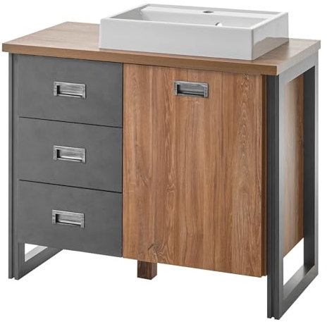 Waschbeckenunterschrank MIT Waschbecken in Eiche Stirling und grau Matera Badmöbel Waschtisch Waschplatz im Industrial Design 91 x 75 cm Auburn