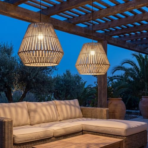 Licht-Erlebnisse Tragbare Pendelleuchte außen LED Modul ohne Stromanschluss Dimmer Fernbedienung IP54 3000 K Ø 40 cm Boho Hängelampe Außenleuchte Garten
