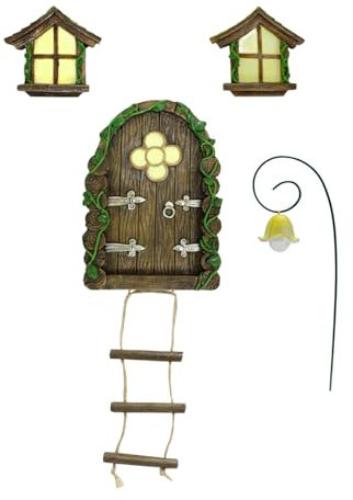 Simple Creativity Fairy Door for Wall and Trees Outdoor with Light, 4 Pcs Glow in The Dark, Gnome Desk Art Sculpture Decoration for Miniature Fairy Garden Outside Decor Accessories (Black, 14CM10CM2)
