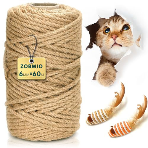 ZOBMIO Corda Canapa per Tiragraffi Gatti 6MMX60M - Giocattolo Con 2 Topi, Ricambio Naturale per Graffiare - Accessori per Gatti