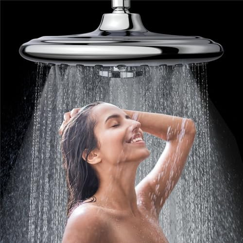 JINYOMFLY Pommeau de Douche Pluie 7 Modes, 25CM Pomme de Douche Haute Pression, Grand Pomme de Douche Anti Calcaire, Ronde Pommeau Douche à Économie d'eau, Chromé