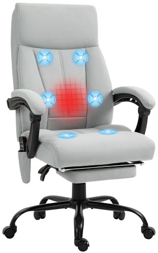 Vinsetto Bürostuhl mit Massagefunktion Ergonomischer Chefsessel mit Heizfunktion, Liegefunktion, Fußstütze Höhenverstellbar 360° Drehbar Schreibtischstuhl, Mikrofaser, Grau