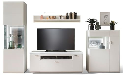 Lomadox Wohnwand TV-Wand weiß matt modern 4-teilig mit 1 Vitrine, 1 Lowboard, 1 Highboard, 1 Regal, inkl. LED Beleuchtung